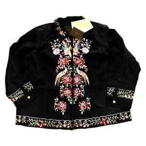 Avanti Suede Leather Jacket Womens 3X Black Embroidered Bird Floral Plus Size